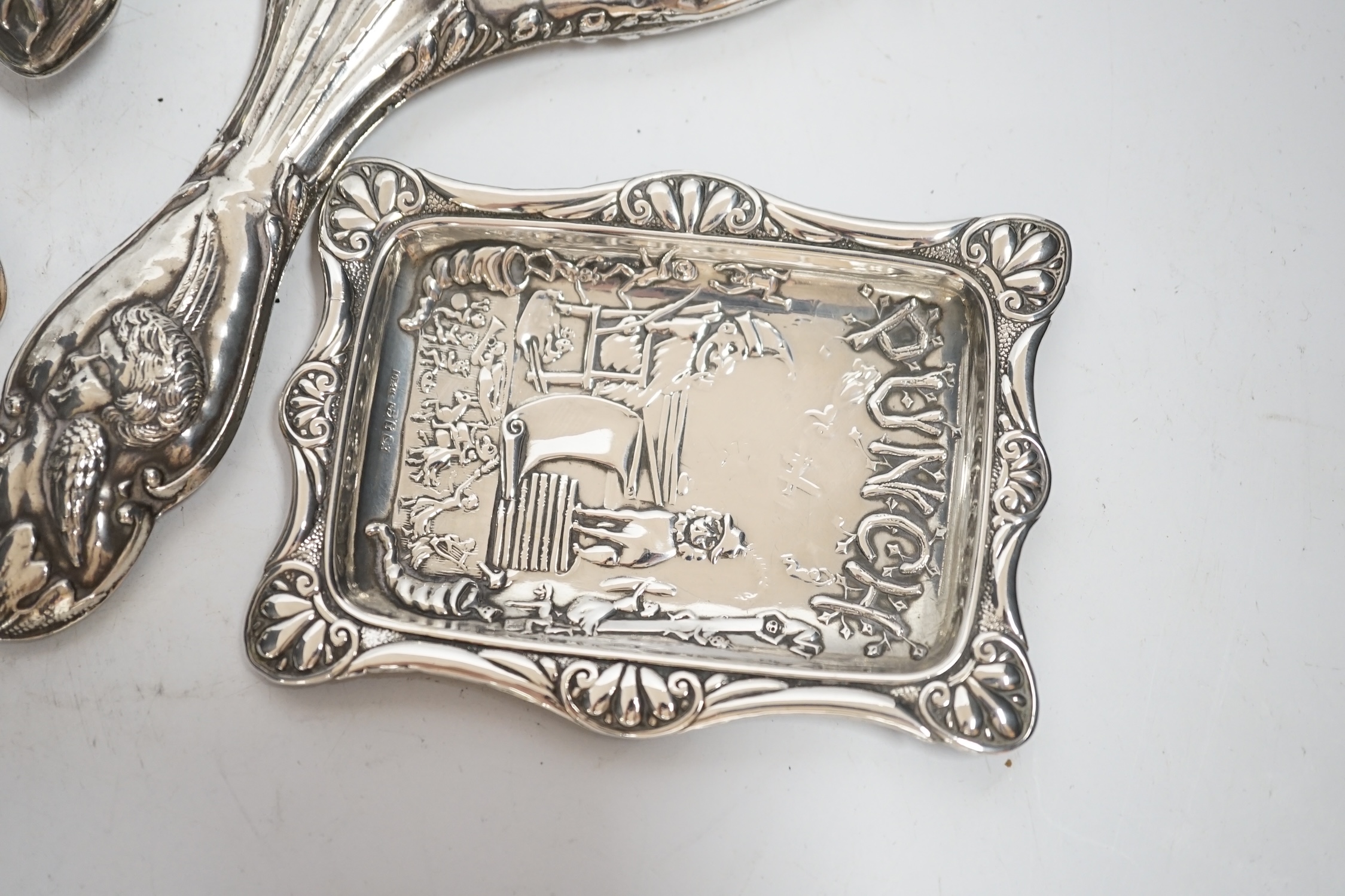 Sundry silver including a pair of George III silver Old English pattern table spoons, by Peter & William Bateman, a novelty silver ring-holder modelled as a scarecrow, a pair of grape shears, cockerel seal, small Mr. Pun